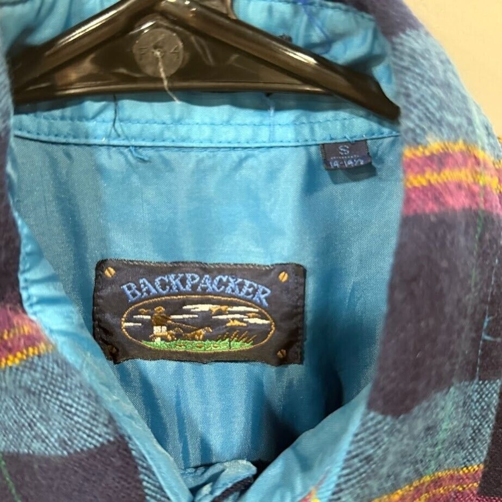 Backpacker Mens Plaid Flannel Shirt Navy Teal Magenta Button Down Small 14-14.5 - Picture 3 of 5